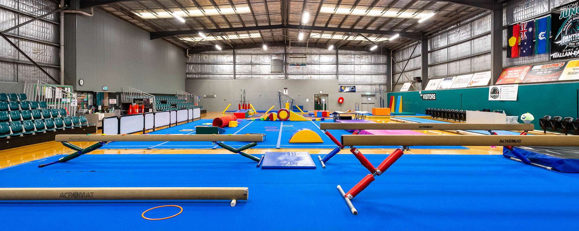 Photo of gymnastic set up, pictured is blue carpeted floor, set up with low and high beams, in the background you can see various pieces of gymnastics equipment and the stadium chairs in the background