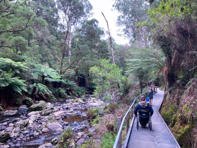 A man in a wheelchair on a boardwalk next to the river