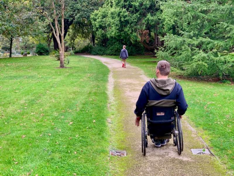 A man in a wheelchair going down a path with greenery on either side