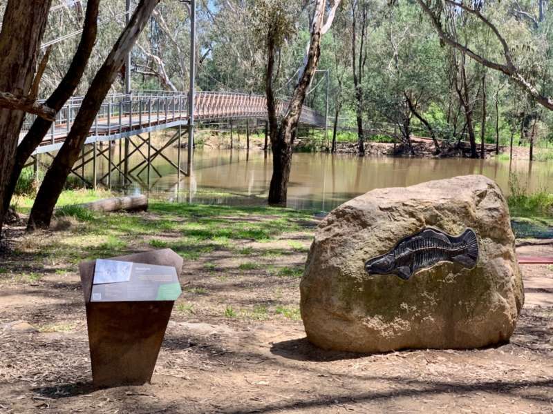 A scenic riverbank with a bridge in the background, featuring a large rock with a fish sculpture and an information sign nearby.