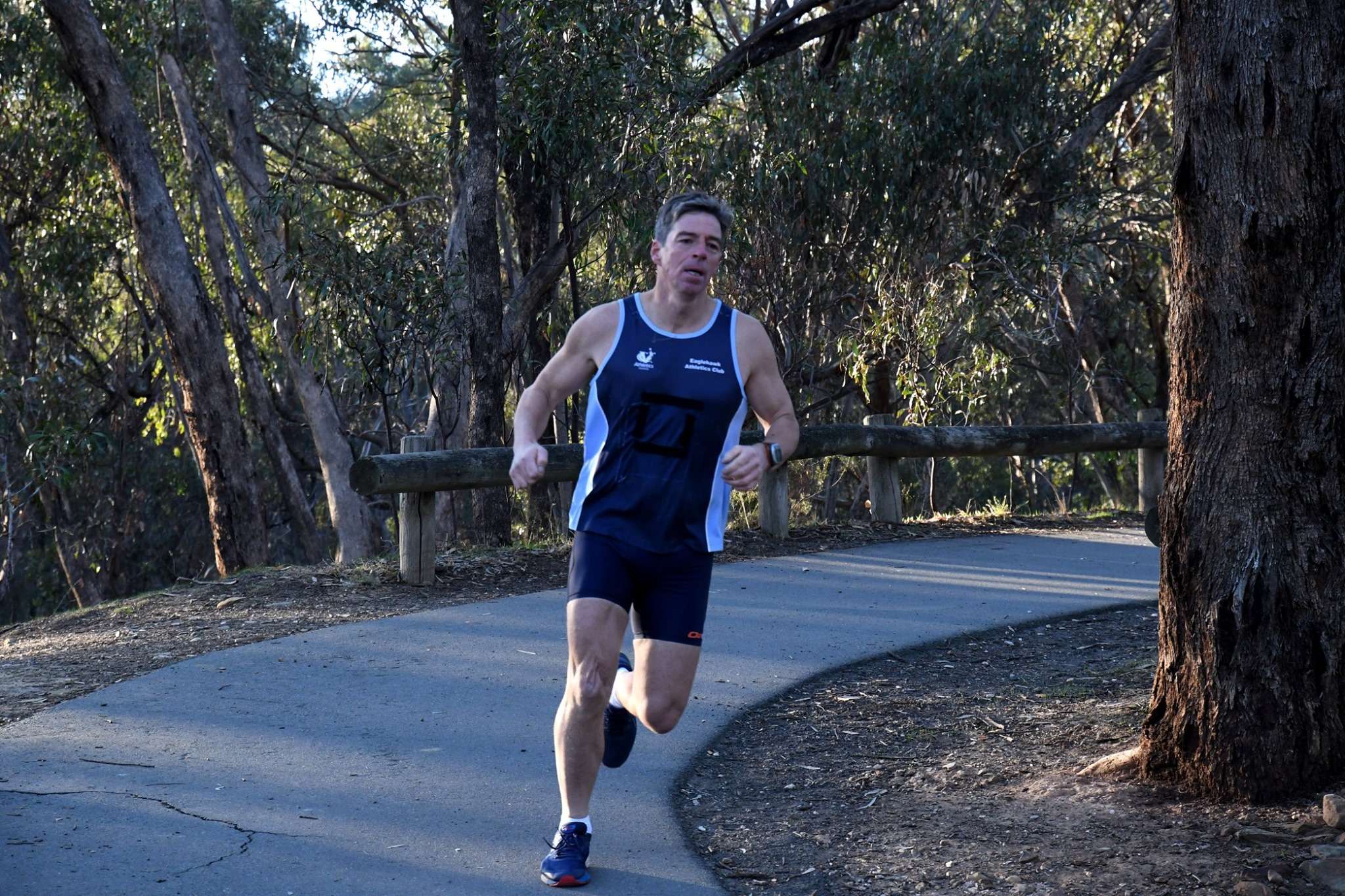 A man jogging along a tree-lined path, surrounded by greenery and natural scenery.