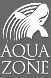 Logo for Aqua Zone, featuring a stylized fish and wave design, on a gray background.