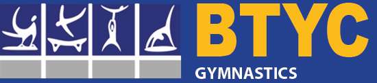 Logo of BTYC Gymnastics featuring stylized gymnastic silhouettes and bold typography on a blue background.