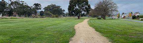 A winding dirt path cuts through a grassy park, bordered by trees under a cloudy sky. Benches are visible in the distance.