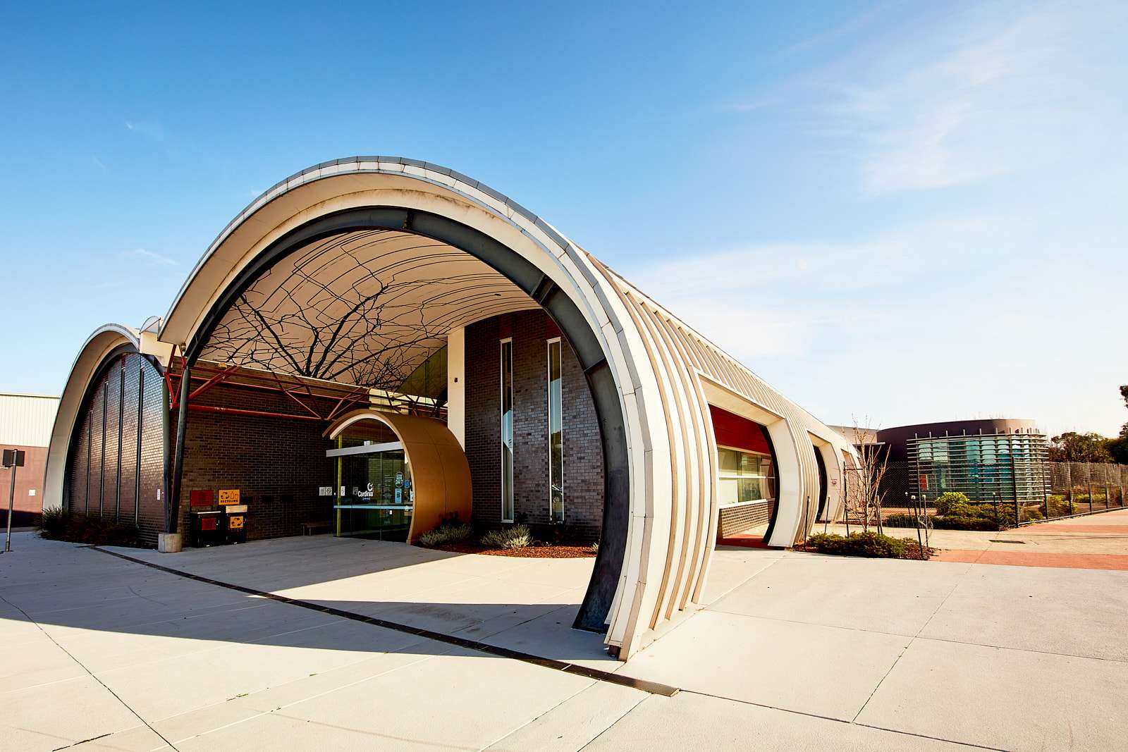 Cardinia Life Main entrance, a half circular grey building