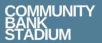 Logo of Community Bank Stadium displayed in bold white text on a light blue background.