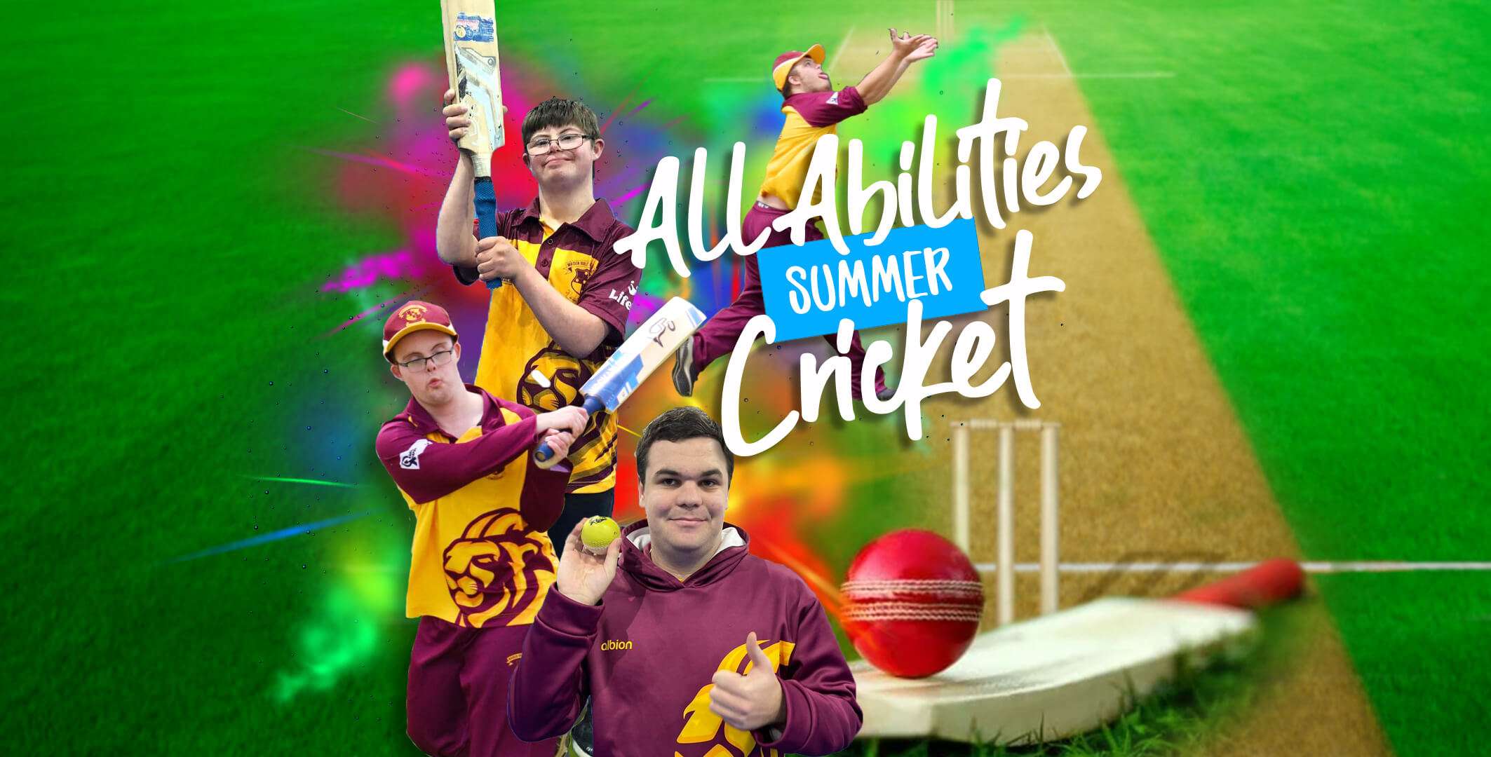 five people playing cricket with a rainbow and green background and white and blue text