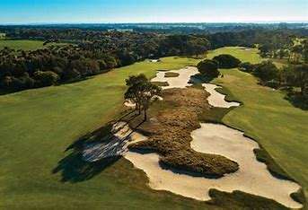 Aerial view of a lush golf course featuring sand traps, a solitary tree, and rolling green landscapes against a clear blue sky.