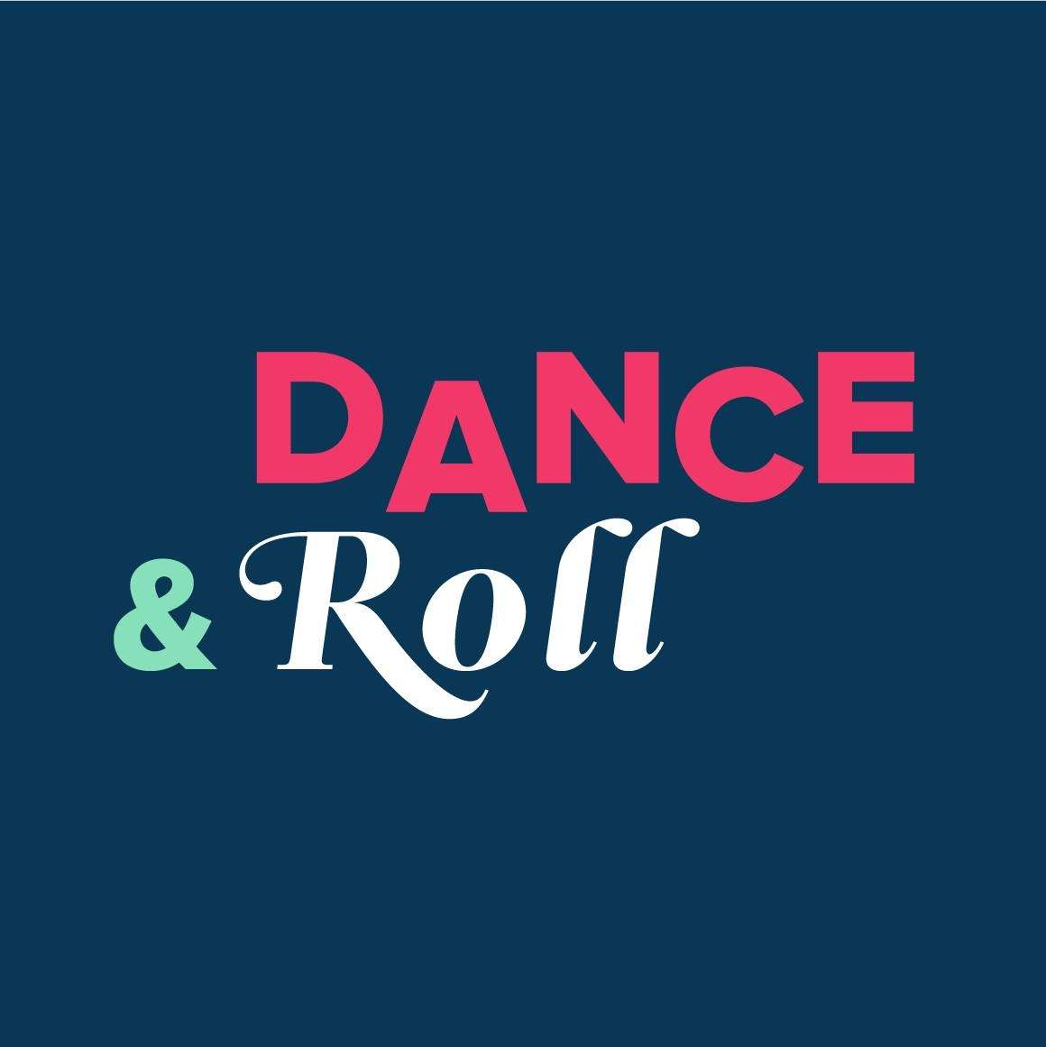 Pink, green and white text on navy blue background.