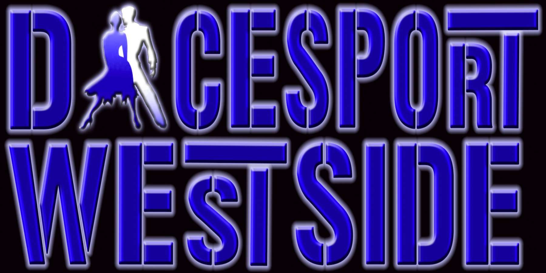 Logo for Dancesport Westside, featuring stylized text in blue with a dancer silhouette, representing dance competitions.