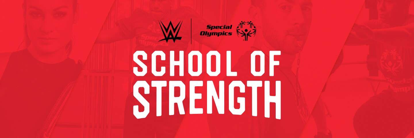 Two individuals participate in the WWE and Special Olympics collaboration, showcasing strength training under the banner "School of Strength."