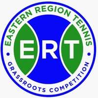 a round circle with a blue and green tennis ball and green and blue text.