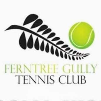 Green and black text with a green tennis ball and black fern branch.