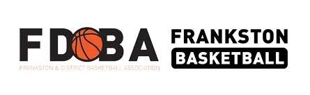 Frankston and District Basketball Association logo in black and white with a basketball featured in the middle of the black writing