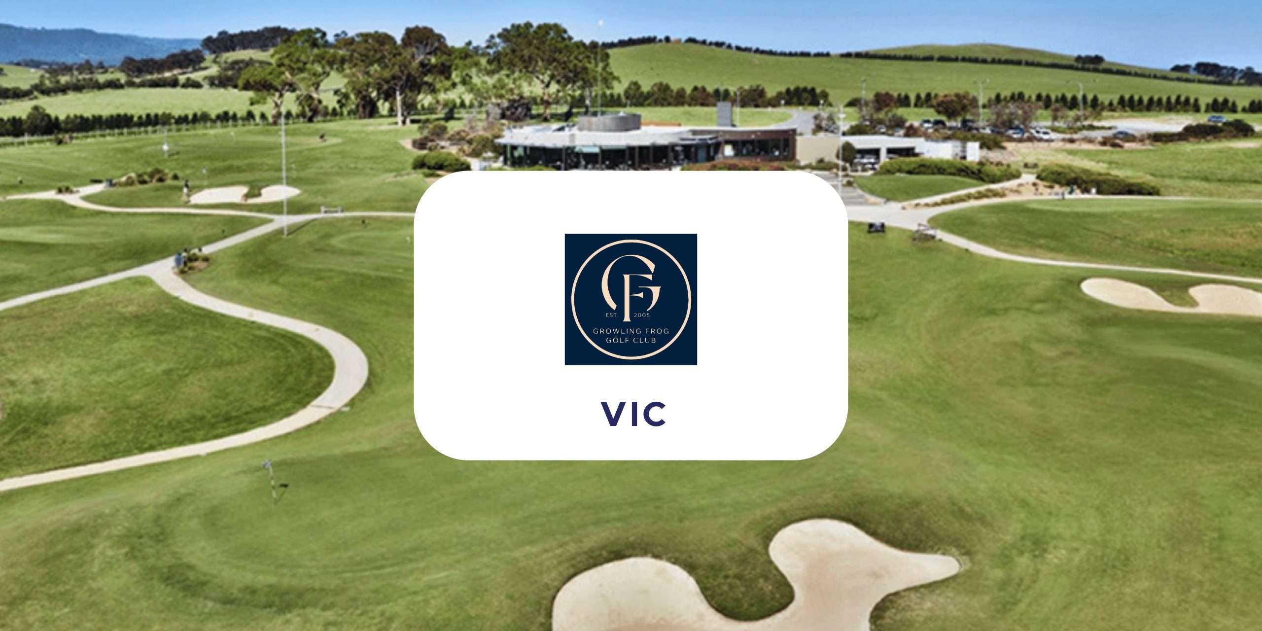 Image shows a above view of a green golf course with a club rooms in the background. The sky is blue and there are some trees surrounding the course