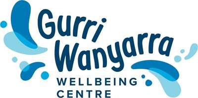 Logo of Gurri Wanyarra Wellbeing Centre, featuring stylized text and water droplet designs in shades of blue.