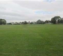 Image displays a green recreation reserve used for sporting and recreation activities. The sky is blue and there are green trees in the background.