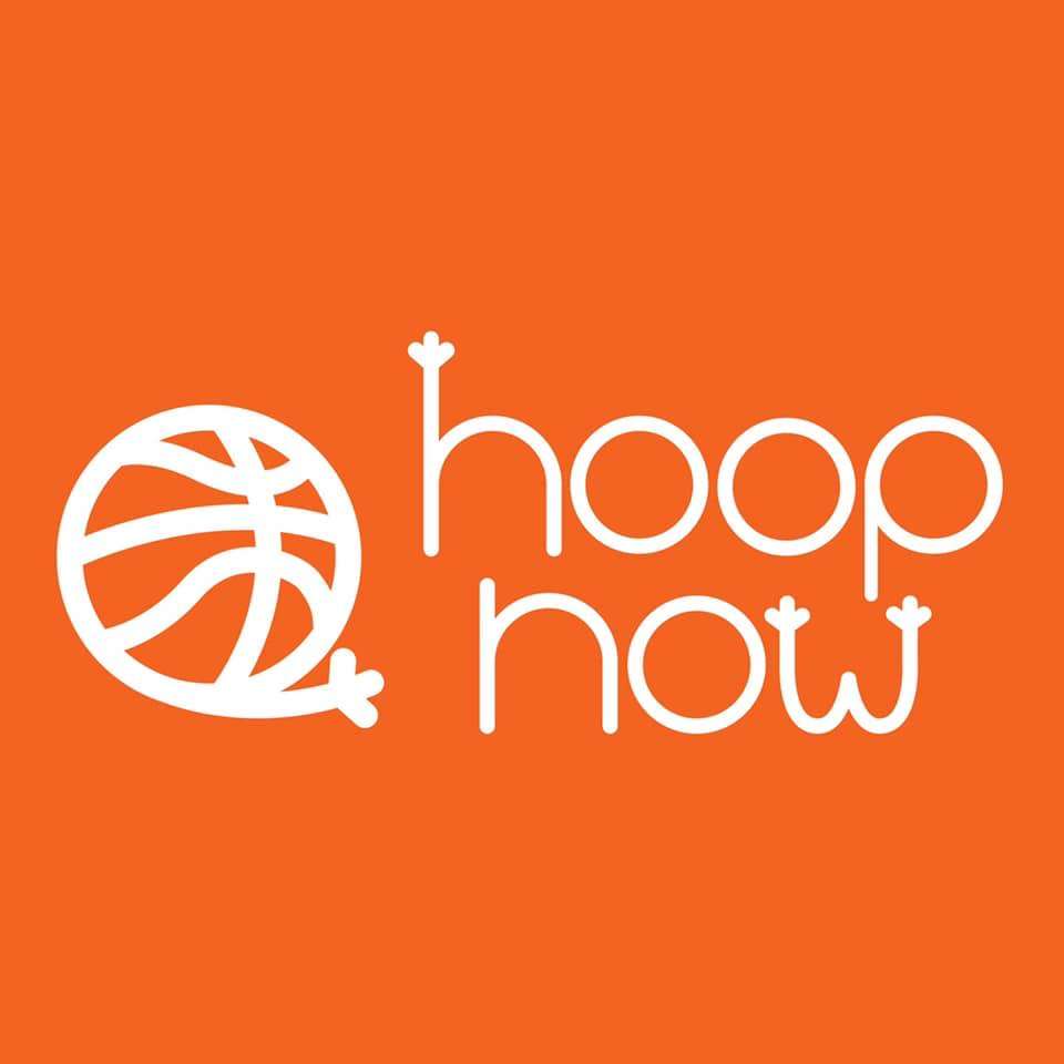 Logo featuring a white basketball graphic and the text "hoop now" on an orange background.