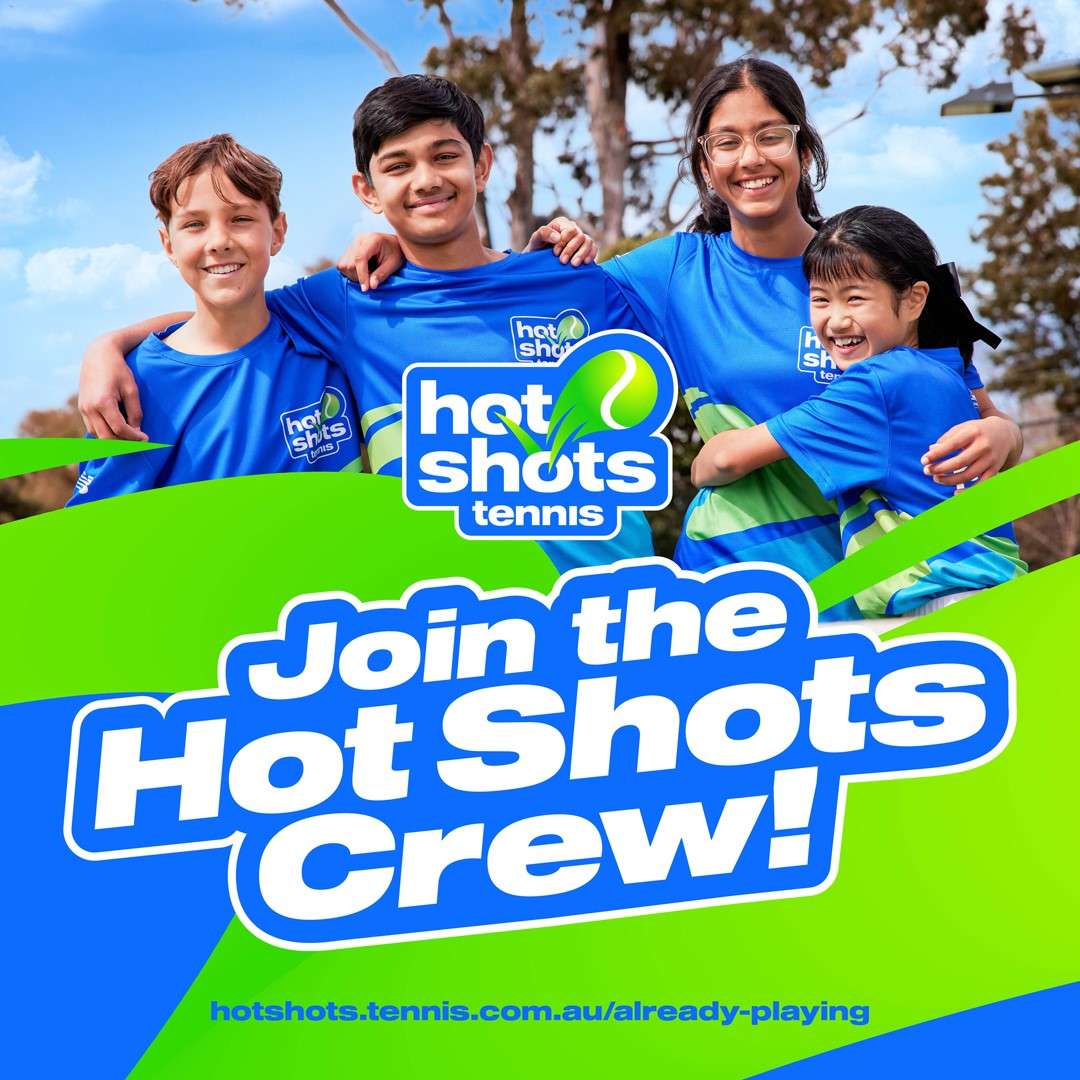 Flyer promoting hot shot tennis, colours are blue and green, and shows four young people smiling