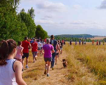 Image of a big group of people running along a grass path lined with tall green trees, you can see one person running with a small dog