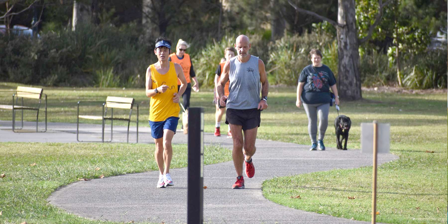 Photo of runners and walkers running and walking along a concrete path. One walker walking with a black dog