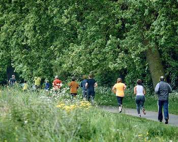 Image taken from behind a group of people running on a footpath surrounded by trees
