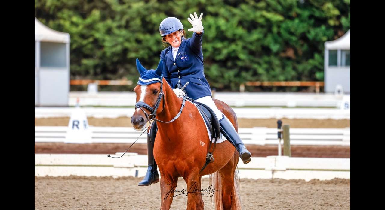 A person riding a chesnut horse in a para equestrian competition