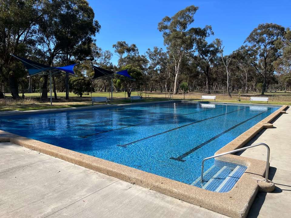 A large inground pool surrounded by green trees and grass and a dark blue shade sail in the background.