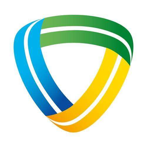 a wide ribbon like triangular logo with green, yellow and blue sides.