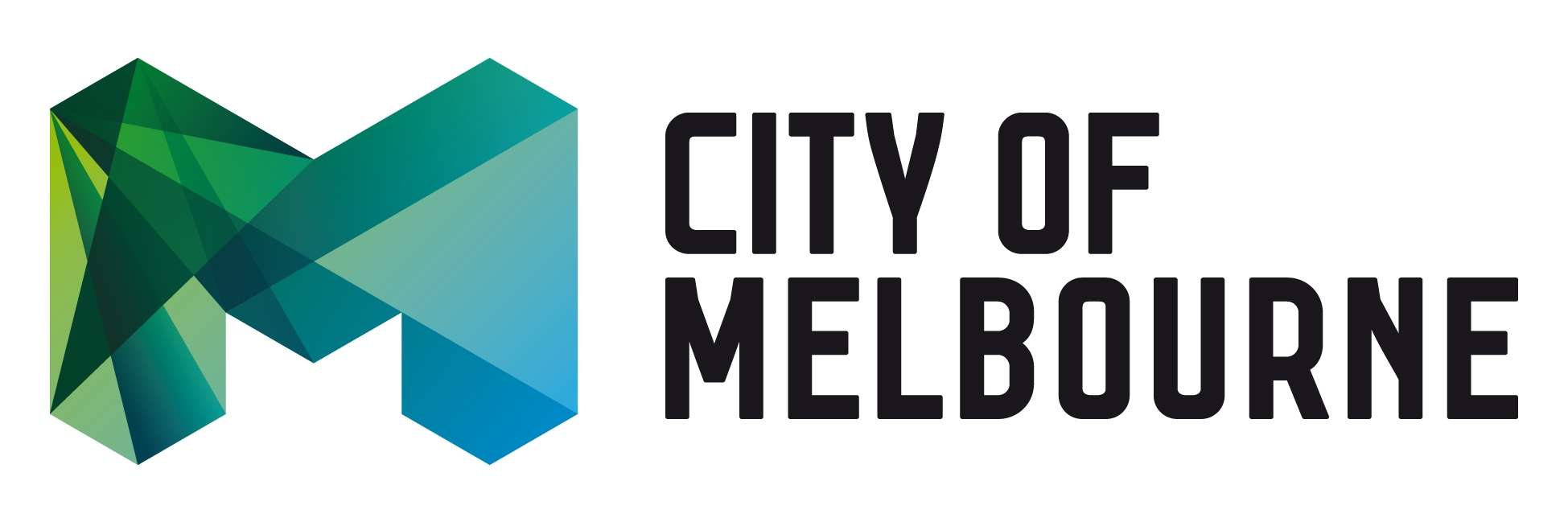 Logo for the City of Melbourne featuring a stylized green and blue "M" with bold black text beneath it.