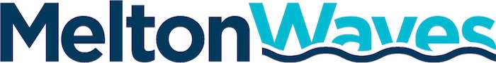 Logo of Melton Waves featuring the name in bold dark blue with stylized aqua waves beneath, suggesting a water-themed brand or facility.