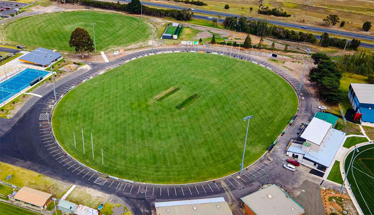 An aerial view of two green ovals