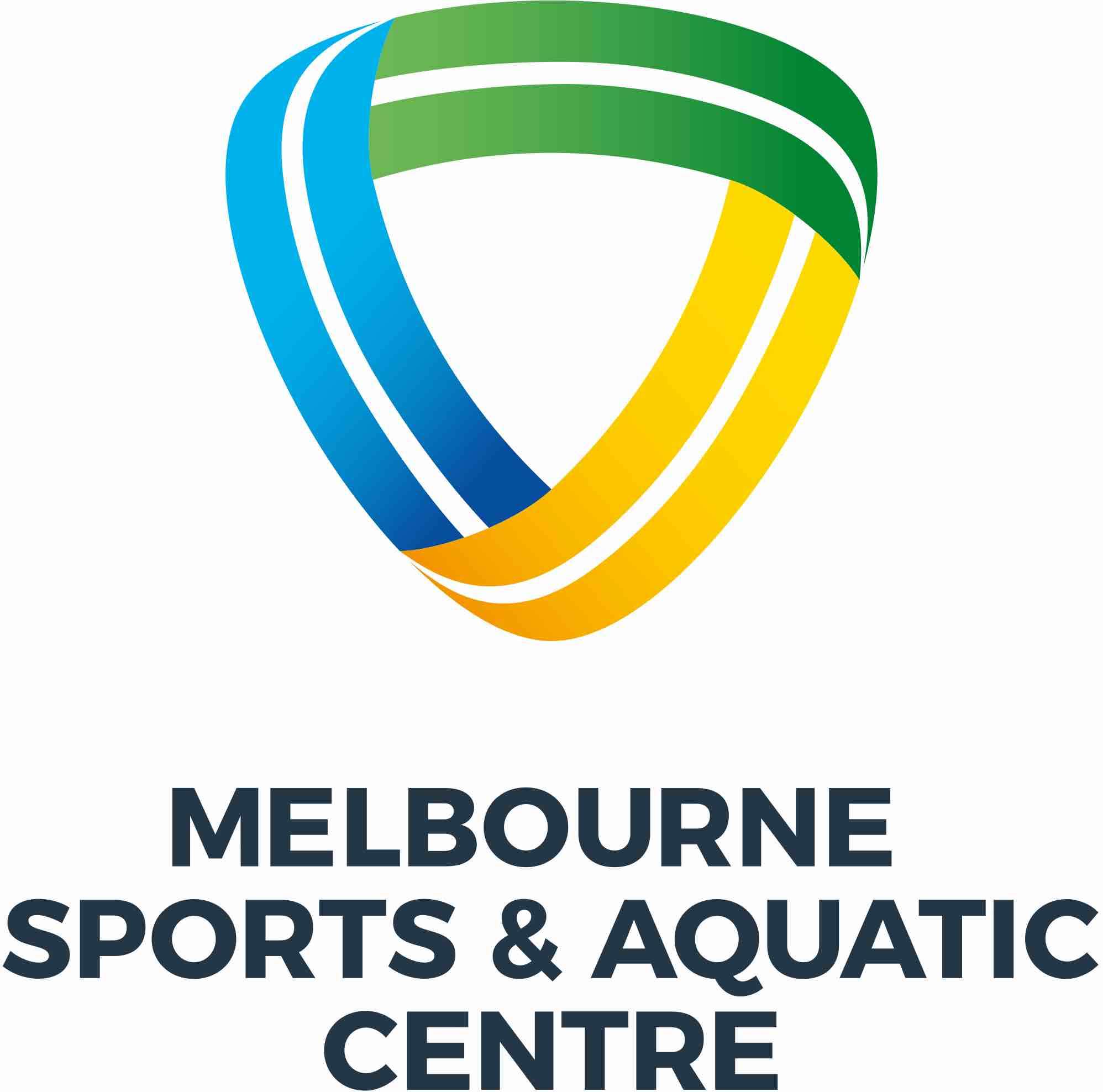 Logo of Melbourne Sports & Aquatic Centre featuring a stylized triangular design in blue, green, and yellow.