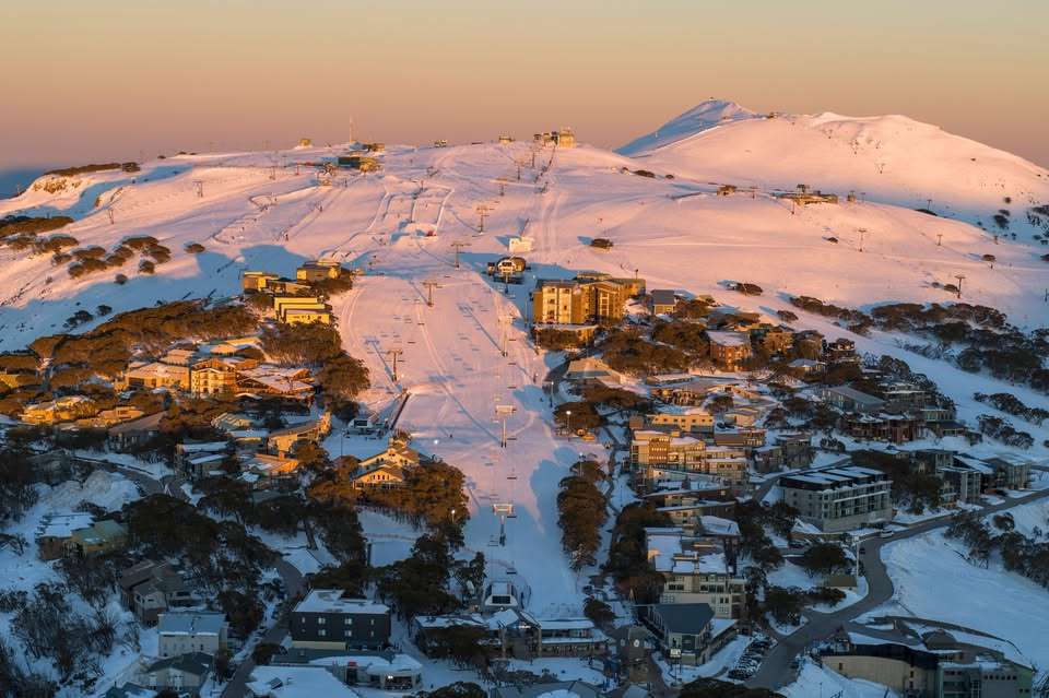 A large mountain covered in snow surrounded by trees and houses.