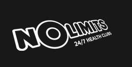 Logo for No Limits 24/7 Health Club, featuring bold white text on a black background.