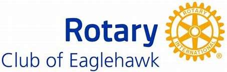 Logo for the rotary club of Eaglehawk Blue writing with a yellow wheel shape