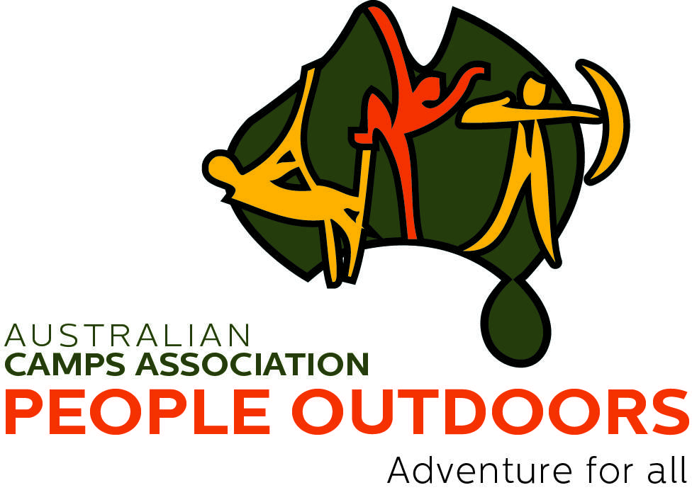 Logo of the Australian Camps Association featuring colorful figures representing outdoor activities, with text "People Outdoors" and tagline "Adventure for all."o