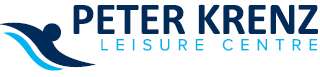 Logo of Peter Krenz Leisure Centre featuring a swimmer silhouette and wavy design elements in blue and white.