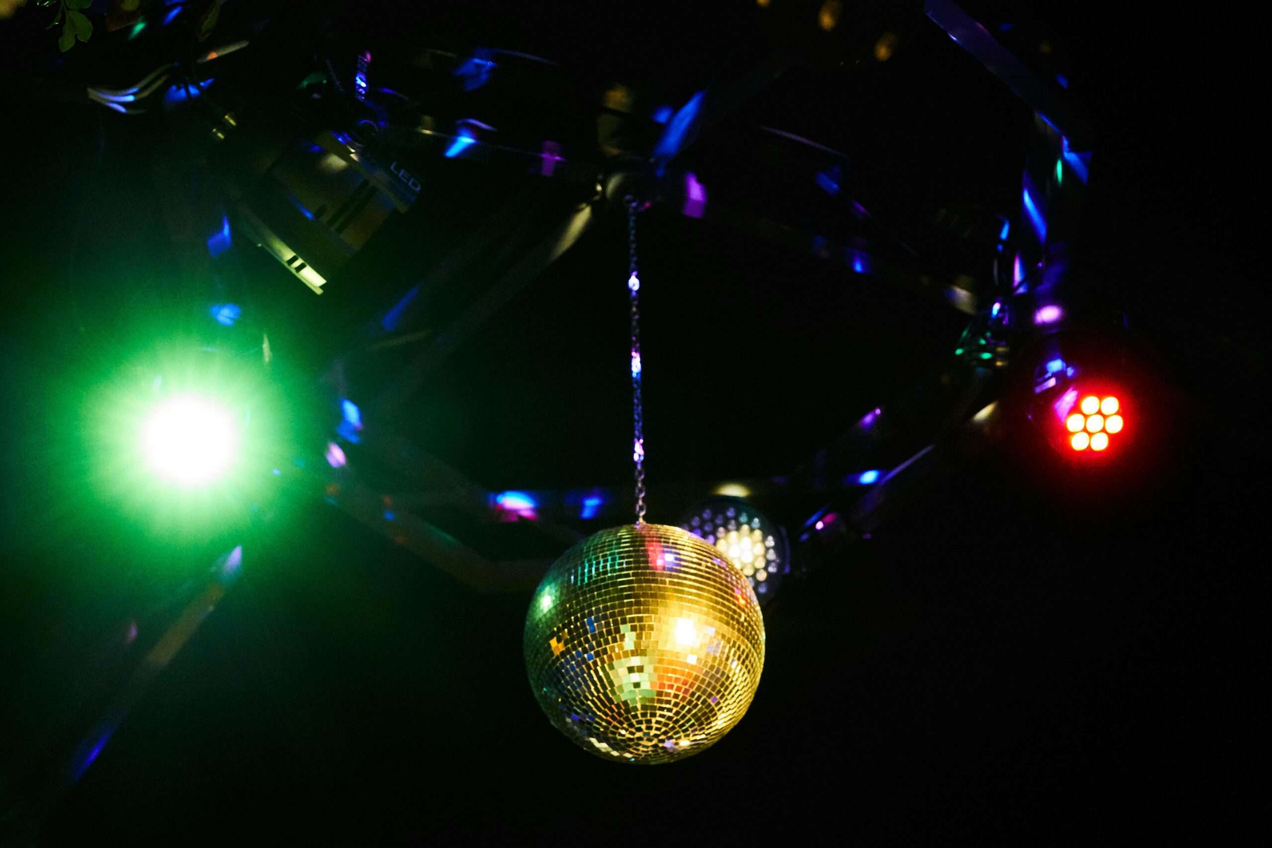 A sparkling disco ball hangs against a dark background, illuminated by vibrant green, red, and blue lights.
