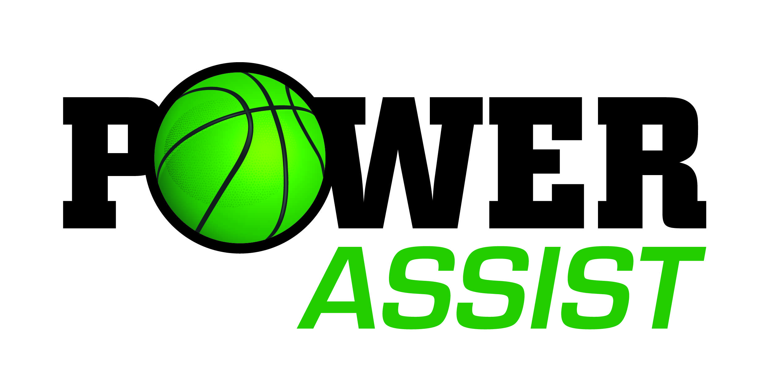 Logo featuring the words "POWER ASSIST" with a green basketball icon, suggesting energy and support in sports or fitness.