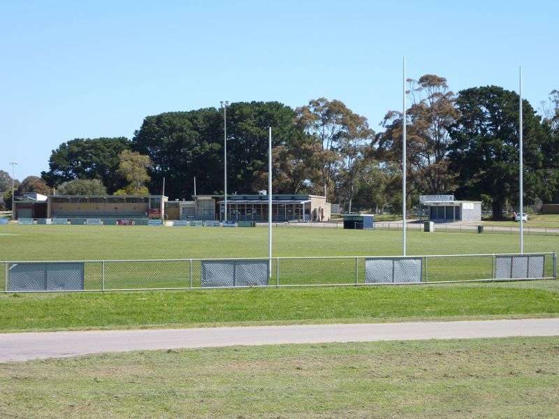 A green oval featuring white goal posts