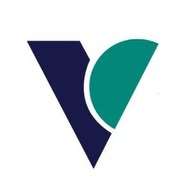 A navy half V and green ball in the shape of a V on a white background.