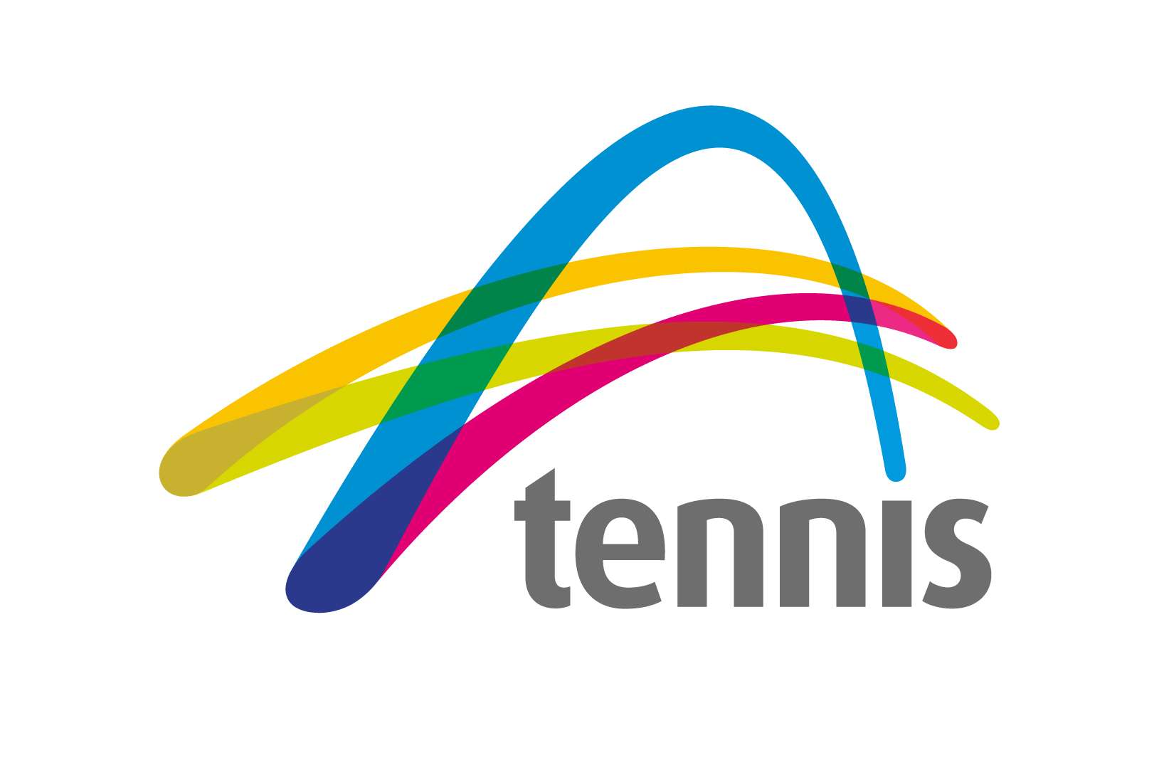 Colorful logo featuring stylized curved lines in blue, yellow, and pink with the word "tennis" in bold gray letters.