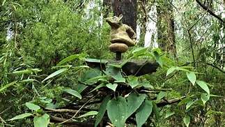 A whimsical clay sculpture of a creature perched on a stacked rock base, surrounded by lush green foliage in a forest setting.