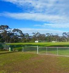 A fenced green sports field surrounded by trees under a clear blue sky, with a grassy area and a green trash bin in view.