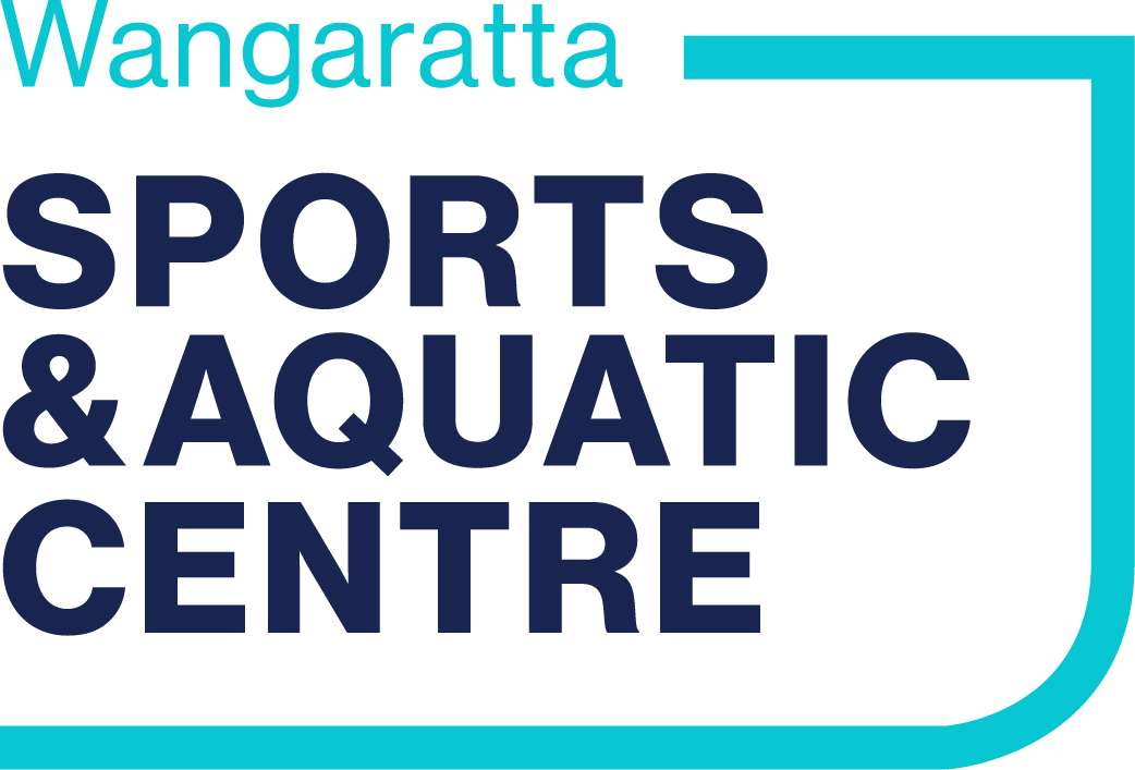 Logo for Wangaratta Sports & Aquatic Centre featuring bold text and a modern design in blue and aqua colors.