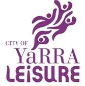 Logo of City of Yarra Leisure featuring abstract figures in motion, emphasizing community and activity in purple and white.