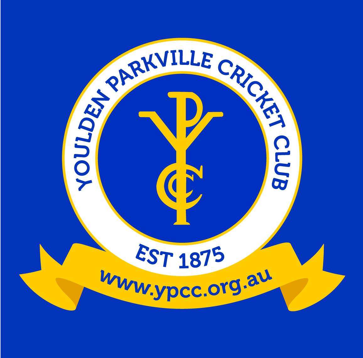 Blue background, with yellow and white sash and circle with blue text.