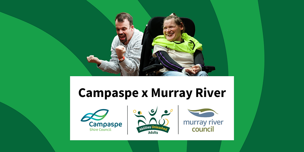 A person in a wheelchair and another adult express joy and enthusiasm at a Disability Sports event, with a green background and branding.