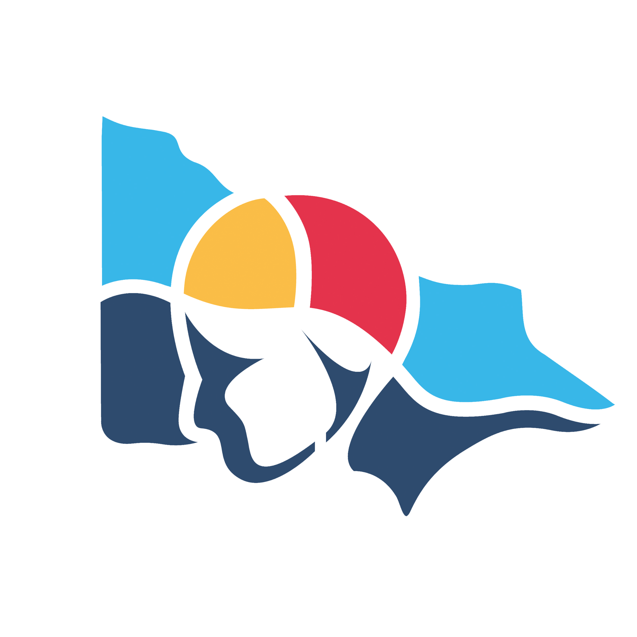 Abstract logo featuring a colorful beach scene, with a red, yellow, and blue design, representing fun and leisure by the water.